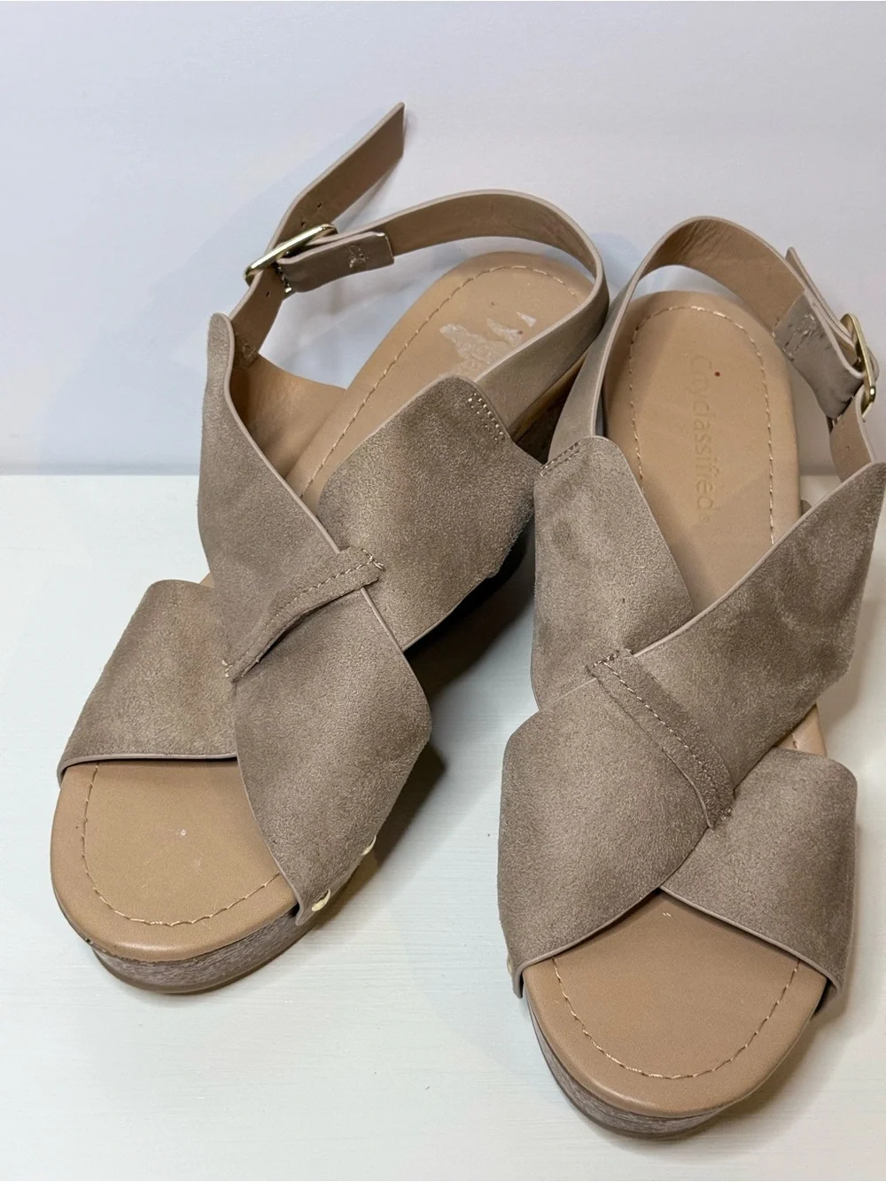 Cityclassified Boho Taupe Suede Knotted Wedge Buckle Slingback Sandals Size 9